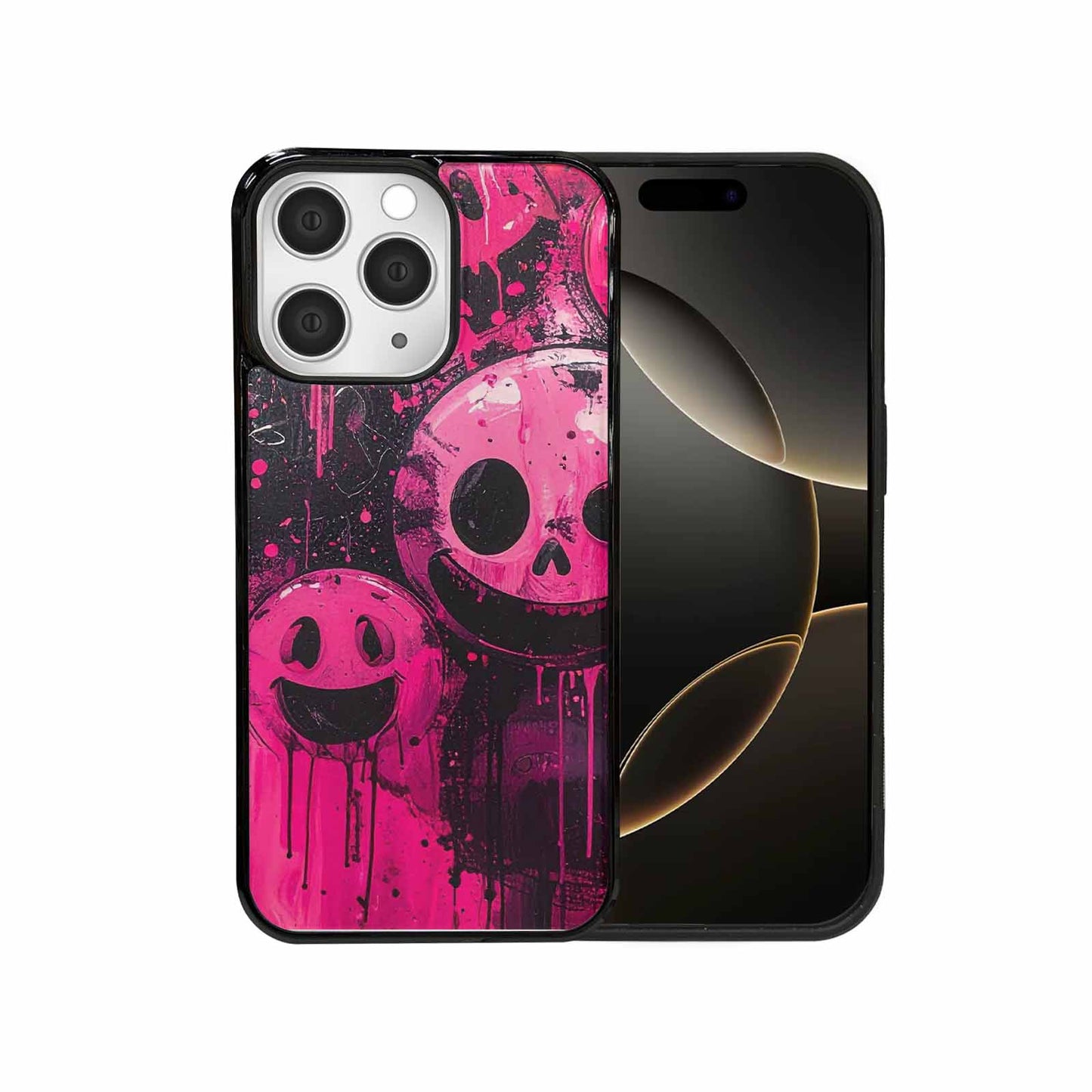 iPhone 15 Pro Max Case — Melting Moon Smiley Black Pink Ink, Custom Art Phone Cover