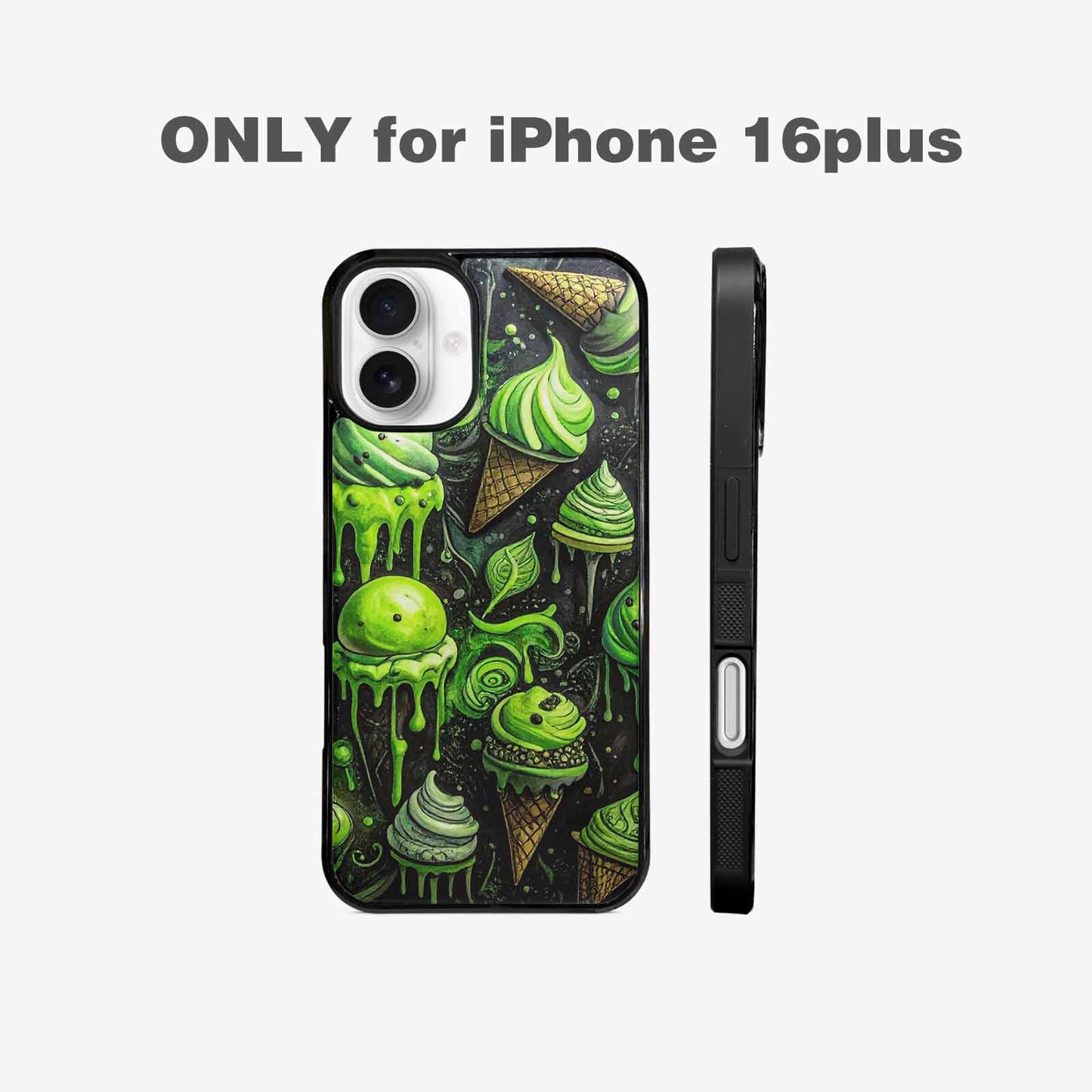 iPhone 16 Plus Case — Ice Cream Motif Black Green Ink, Custom Made Phone Cover