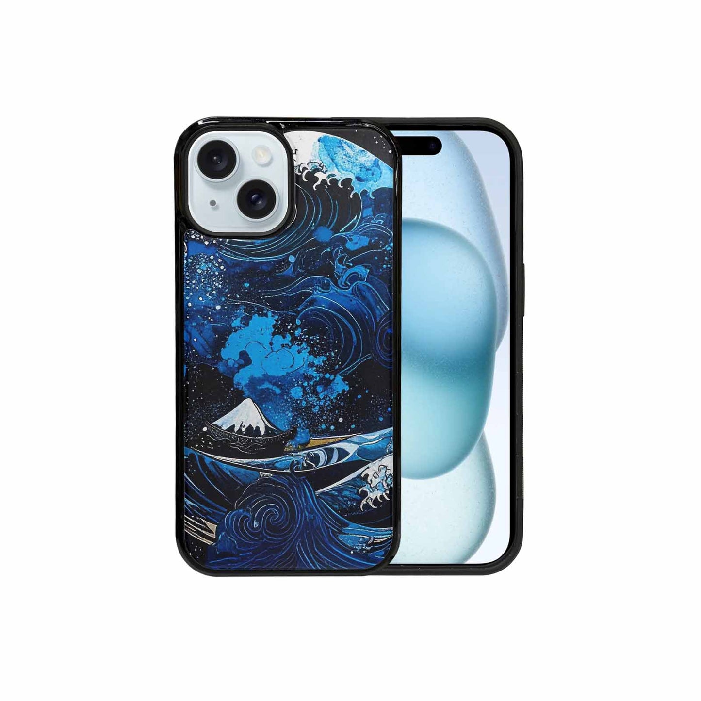 iPhone 15 Case — Nautical Wave Black Blue Ink Wave, Custom Designed Case Cover