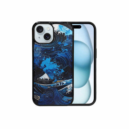 iPhone 15 Case — Nautical Wave Black Blue Ink Wave, Custom Designed Case Cover