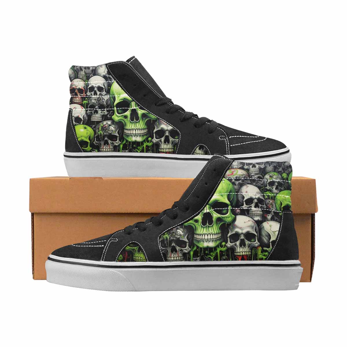 WOMEN'S Skulls Black & Green Ink High Top Canvas Unique Print Wallpaper Art Custom Sneakers