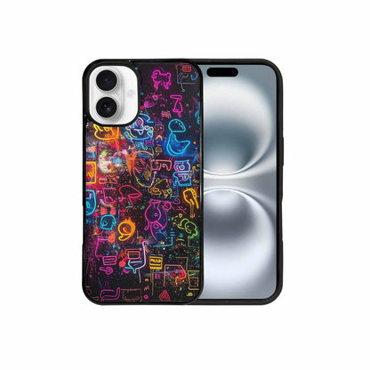 iPhone 16 Plus Case — Neon Glow Outline Icon Pattern Hundreds, Custom Made Phone Cover