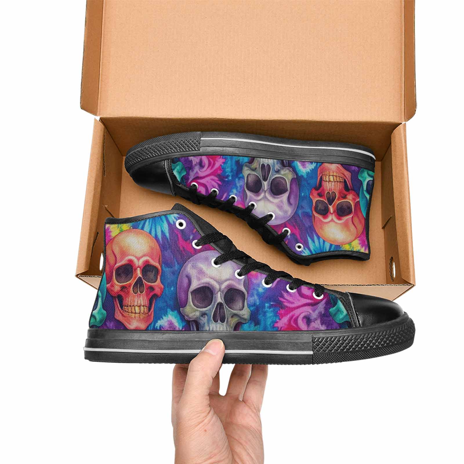 WOMEN'S Tie Dye Skulls Print High Top Canvas Vibrant Chaos Sneakers