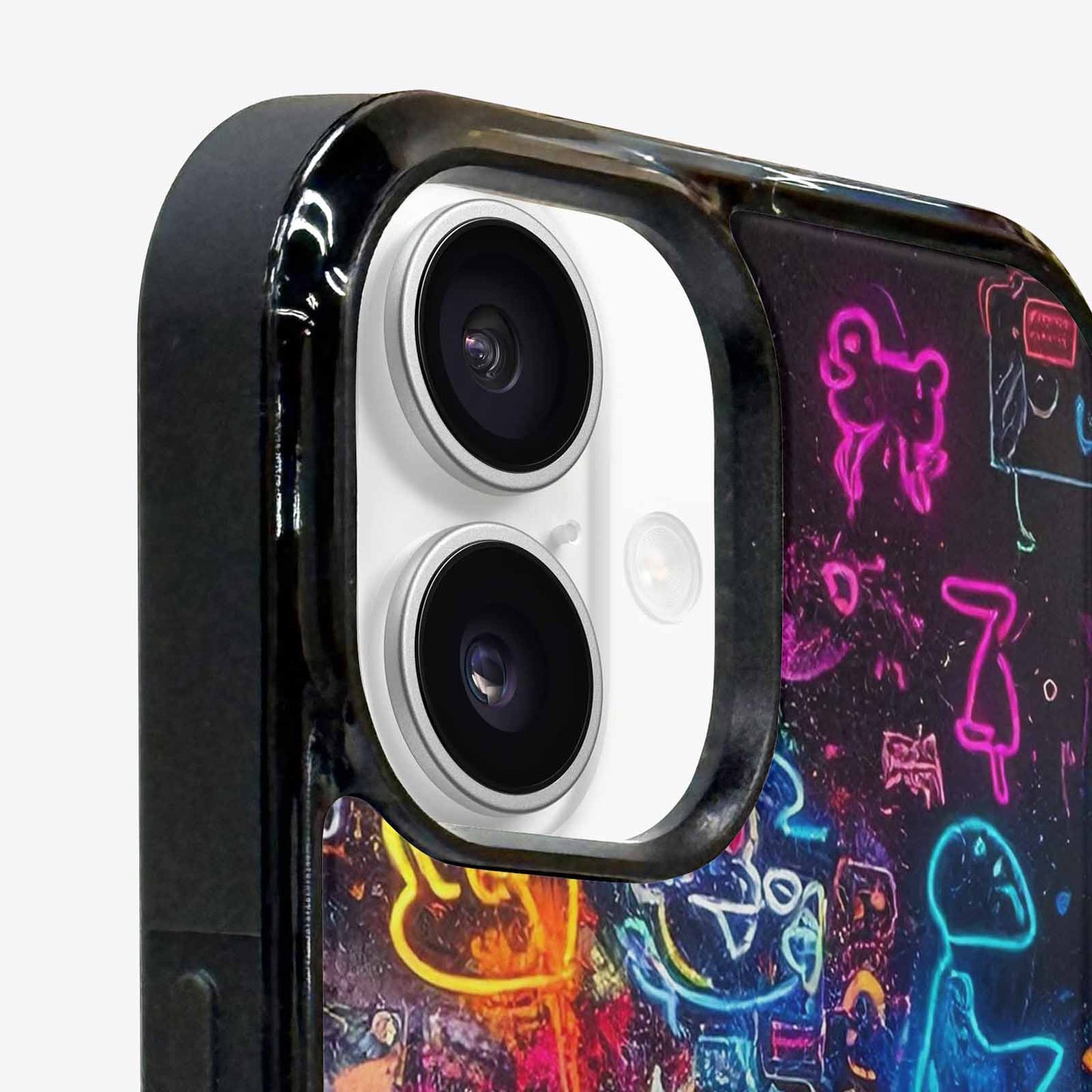 iPhone 16 Plus Case — Neon Glow Outline Icon Pattern Hundreds, Custom Made Phone Cover