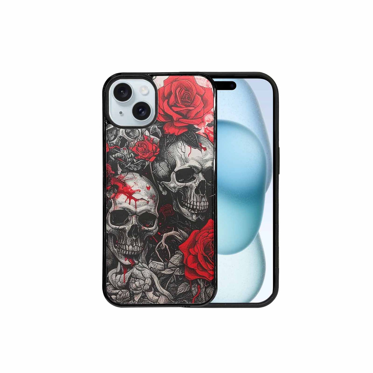 iPhone 15 Plus Case — Skull And Roses Black Red Ink, Unique Phone Case Design