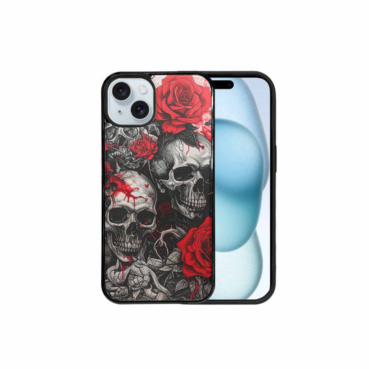 iPhone 15 Plus Case — Skull And Roses Black Red Ink, Unique Phone Case Design