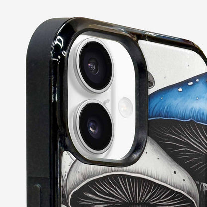 iPhone 16 Plus Case — Mushrooms General Black Blue Ink Mushrooms, Custom Print Case Cover