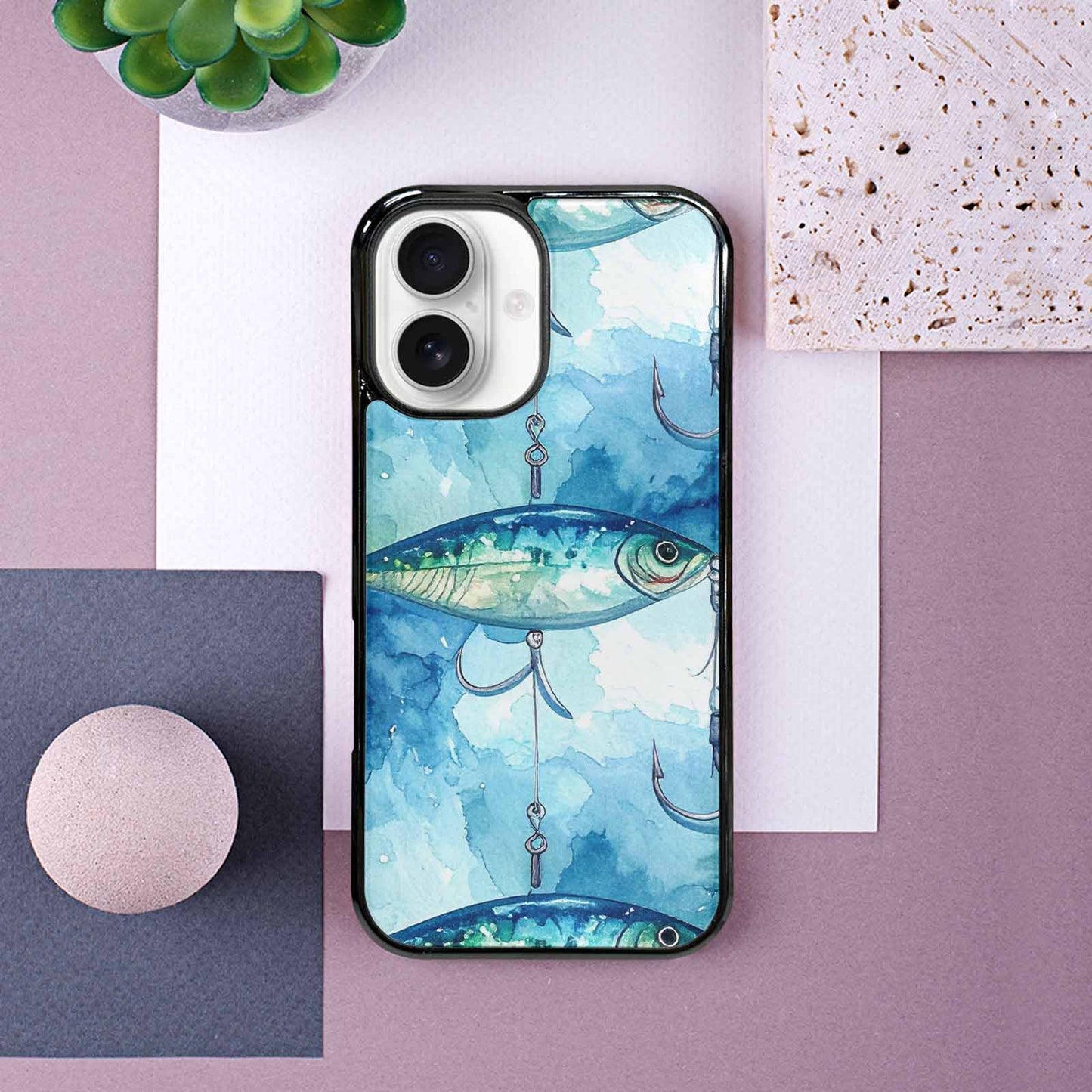iPhone 16 Case — Fishing Lure And Hook Pattern Seamless, Custom Print Case Cover