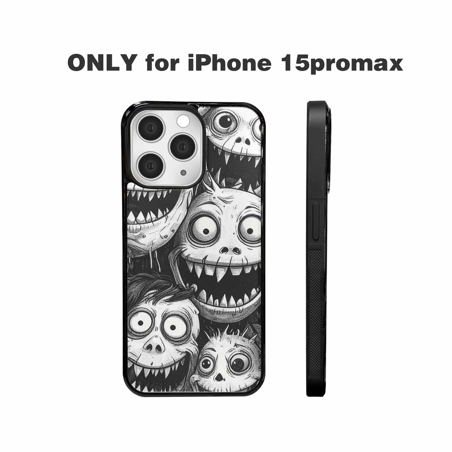 iPhone 15 Pro Max Case — Black And White Monster Face Collage, Custom Designed Case Cover