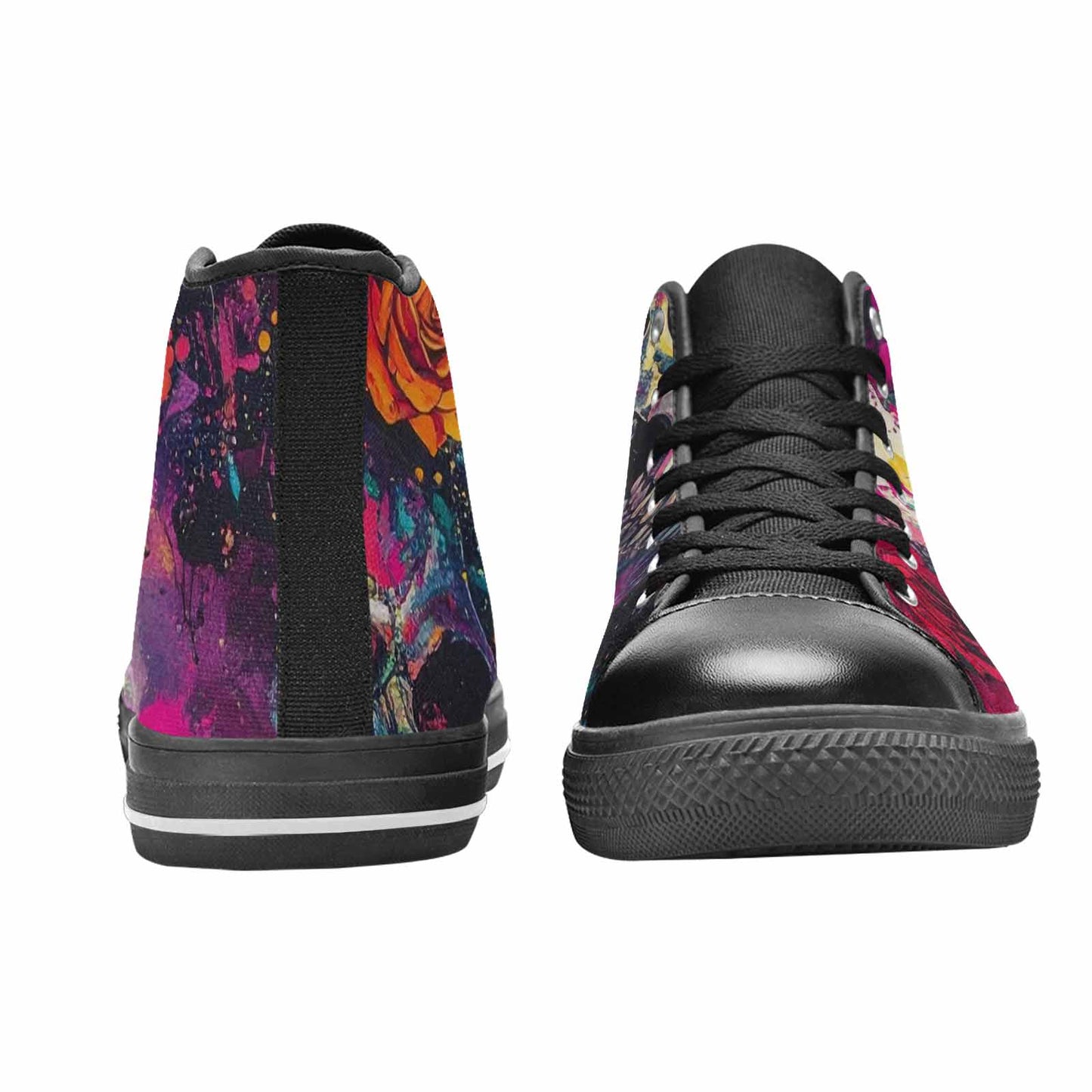 WOMEN'S Skulls Roses Acid Wash High Top Canvas Neon Fantasy Custom Sneakers