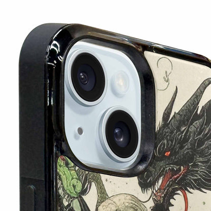 iPhone 15 Case — Dragon Scale Black Green Ink Dragons, Custom Designed Case Cover