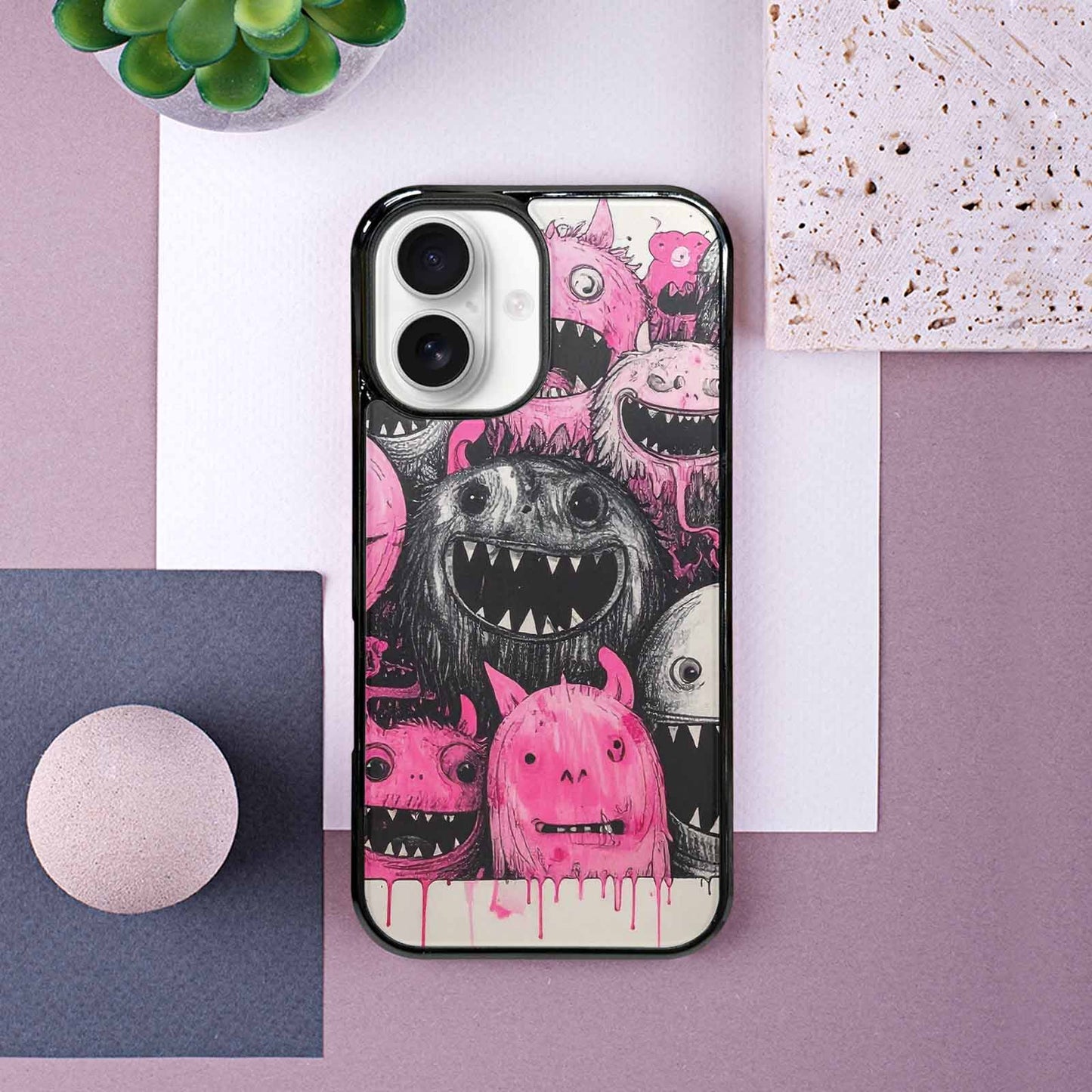 iPhone 16 Case — Monsters General Black Pink Ink Cartoon, Custom Made Phone Cover