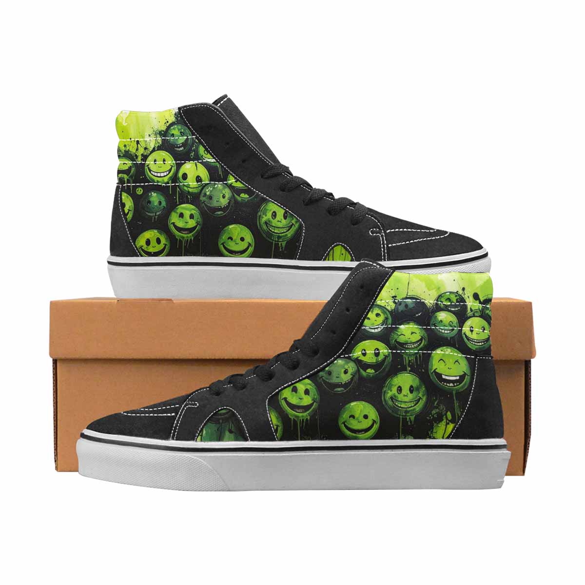 WOMEN'S Smiley Face Black & Green Ink High Top Canvas Custom Design Cottagecore Custom Printed Shoes