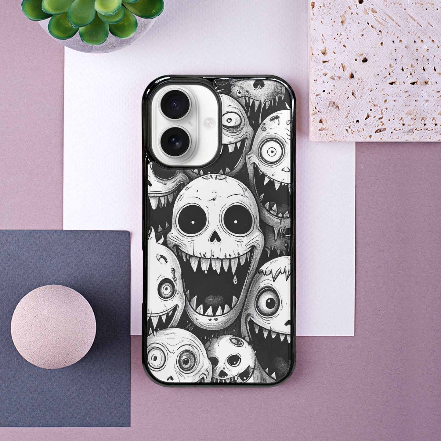 iPhone 16 Case — Black And White Monster Face Collage, Personalized Phone Case