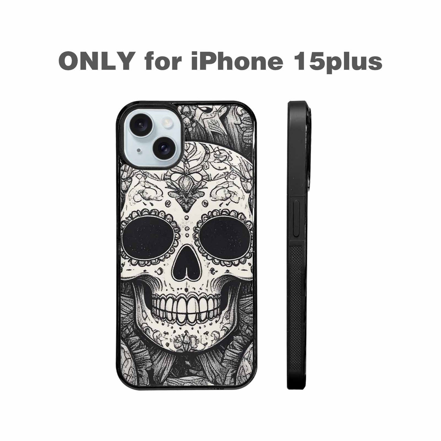 iPhone 15 Plus Case — Intricately Detailed Sugar Skulls In Black, Custom Made Phone Cover
