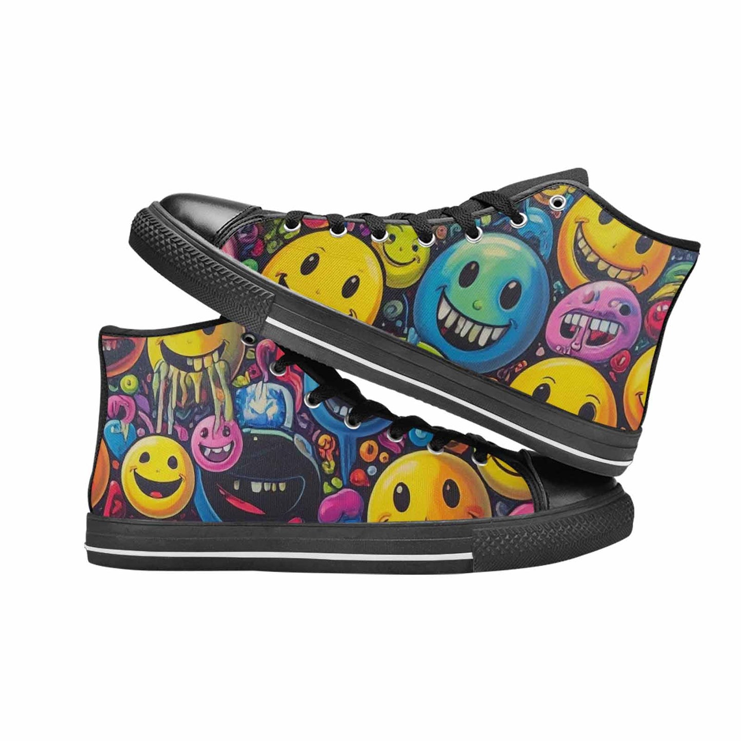 WOMEN'S Yellow Smiley Face High Top Canvas Neon Fantasy Sneakers