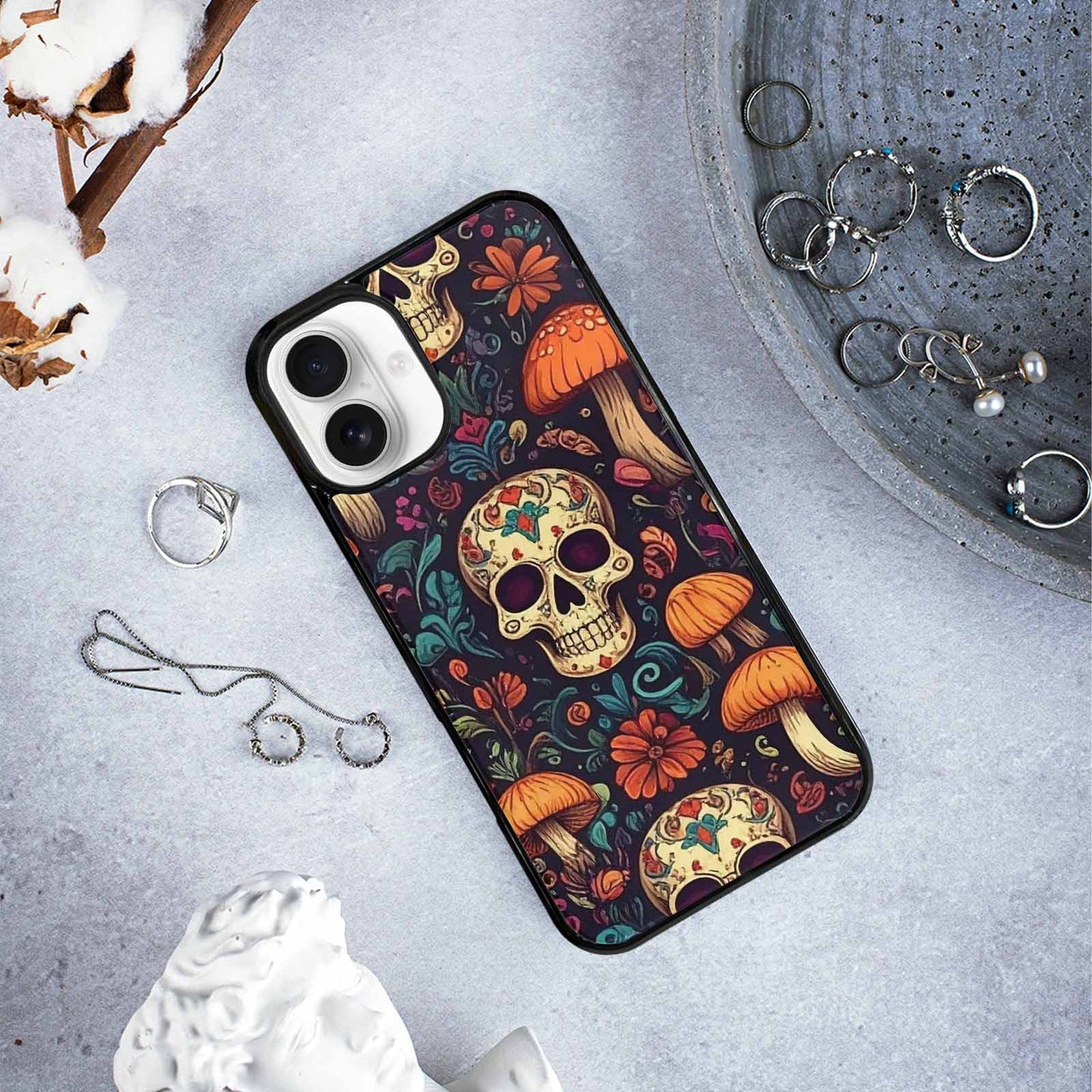 iPhone 16 Plus Case — Mushrooms And Skulls, Custom Designed Case Cover