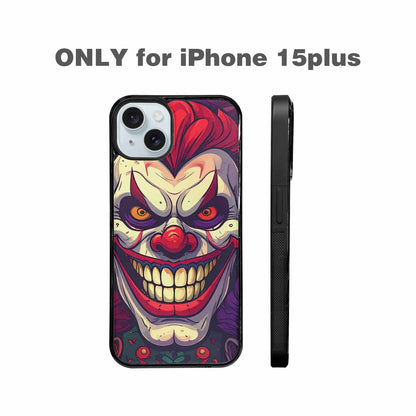 iPhone 15 Plus Case — Evil Circus Heads Faces Overlapping Patterns, Custom Printed Phone Case