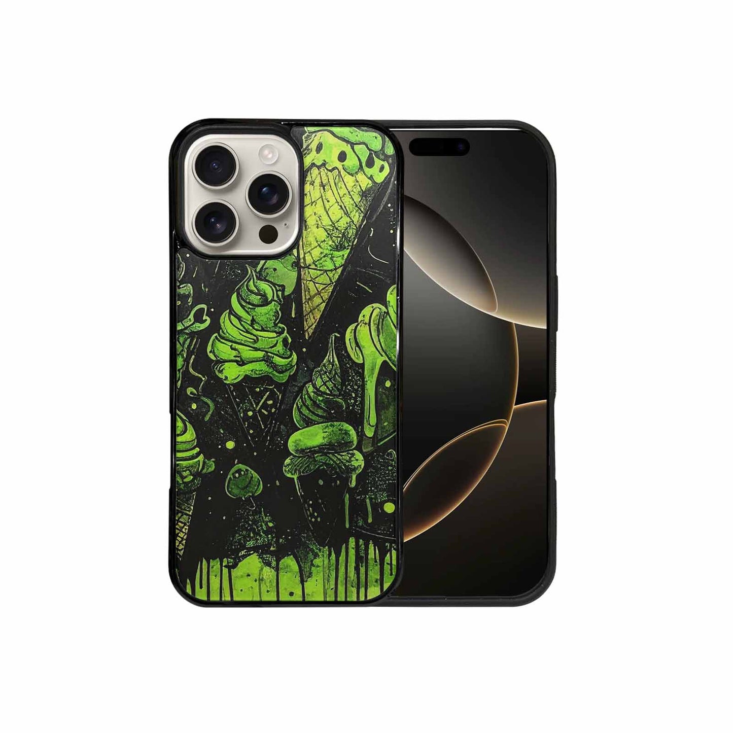 iPhone 16 Pro Max Case — Ice Cream Motif Black Green Ink, Custom Made Phone Cover