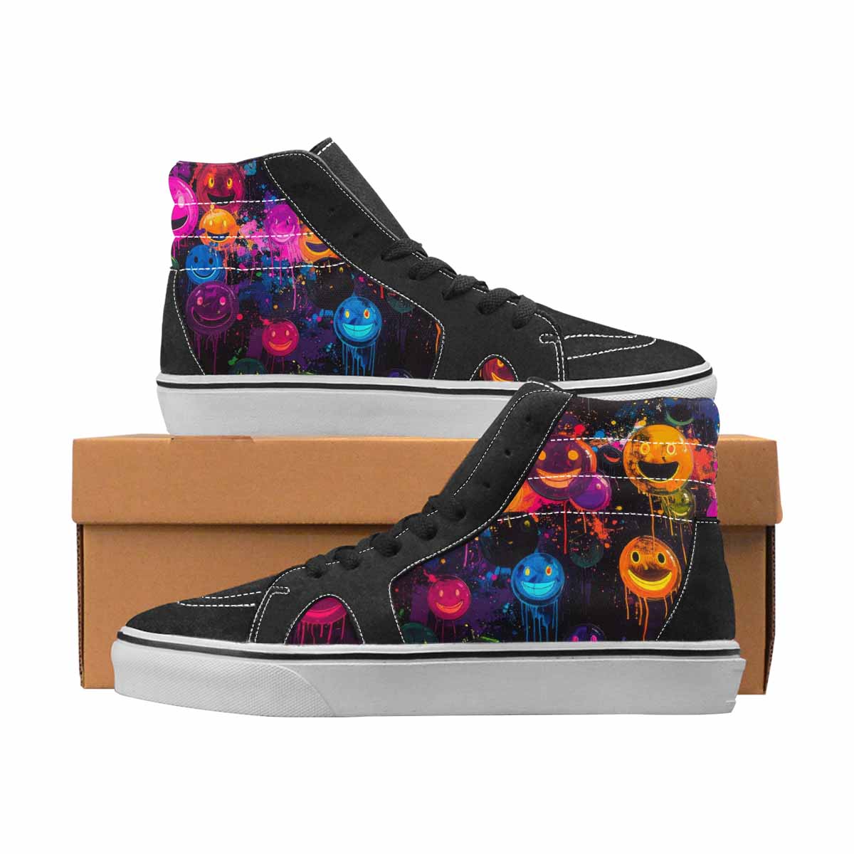 WOMEN'S Smiley Face High Top Canvas Custom Fashion Wallpaper Art Handmade Custom Shoes
