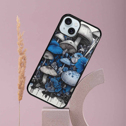 iPhone 15 Plus Case — Mushrooms General Black Blue Ink Mushrooms, Custom Designed Case Cover