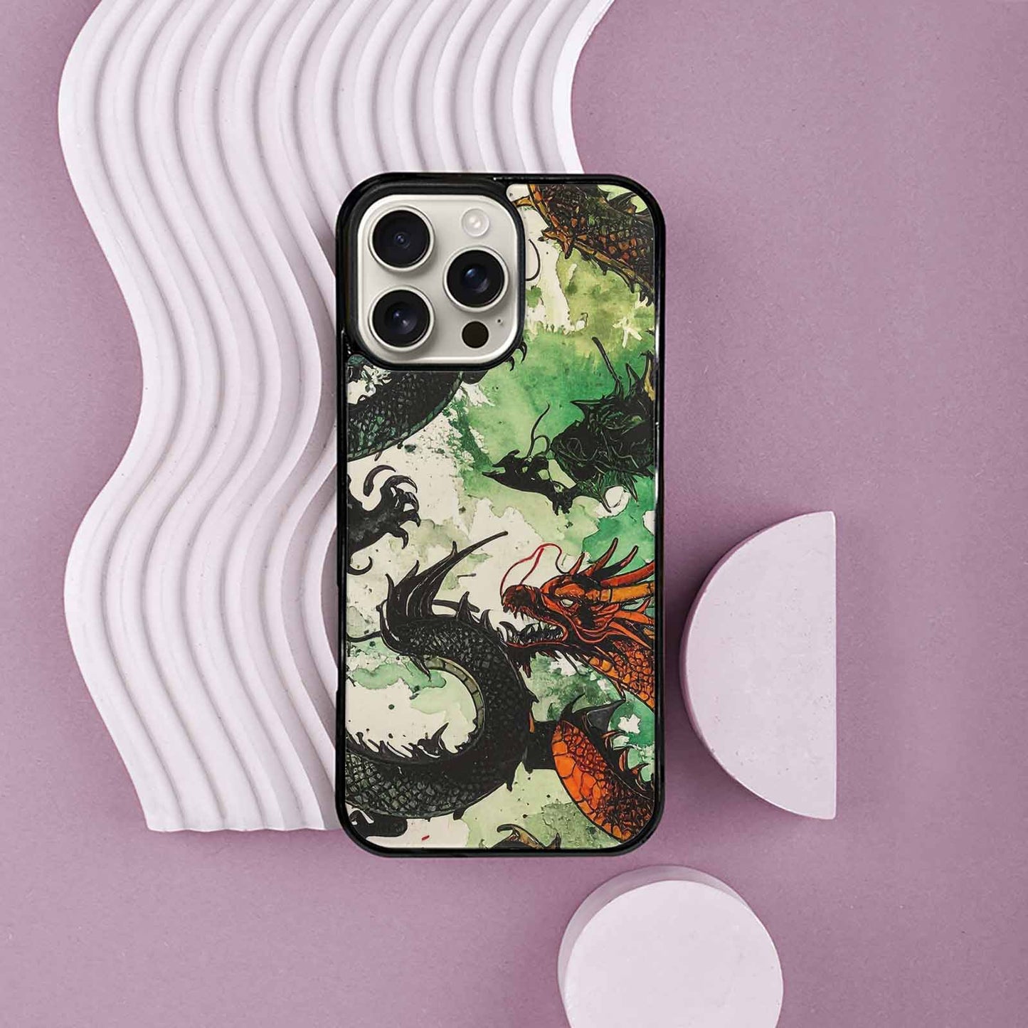iPhone 16 Pro Max Case — Dragon Scale Black Green Ink Dragons, Custom Printed Phone Case