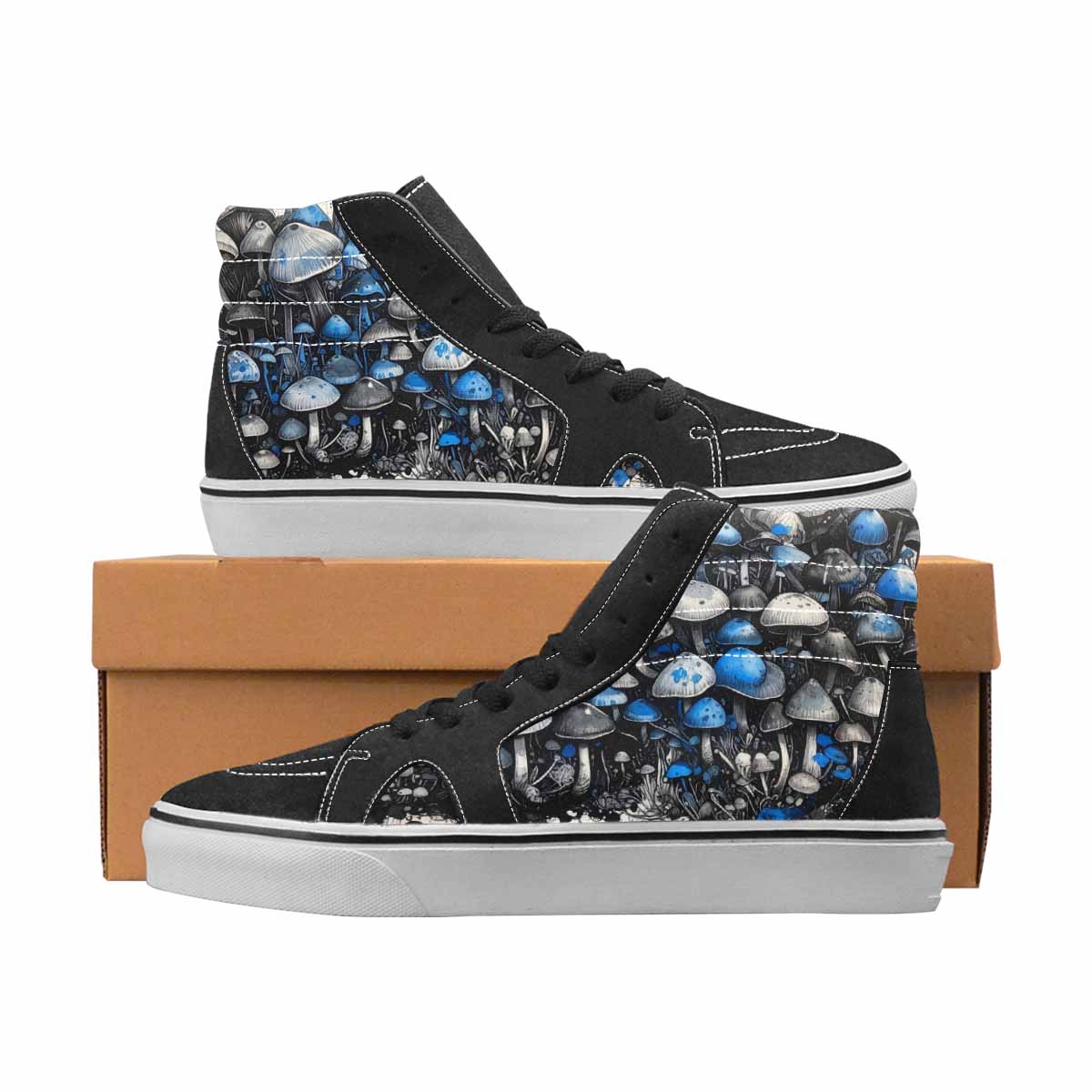 WOMEN'S Mushrooms Black & Blue Ink High Top Canvas Streetwear Vivid Custom Shoes