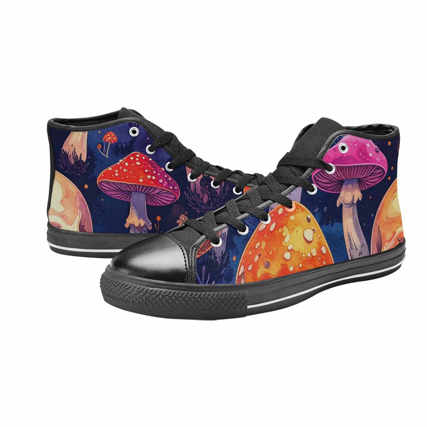 WOMEN'S Mushroom Skulls High Top Canvas Neon Fantasy Sneakers