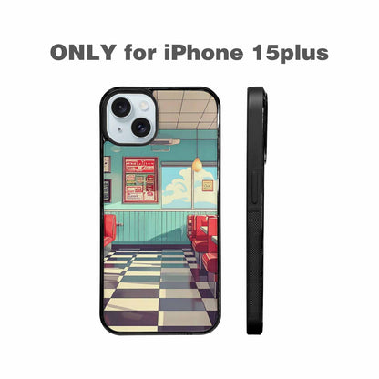 iPhone 15 Plus Case — 1950s Diner Cartoon Art Pattern, Custom Printed Phone Case