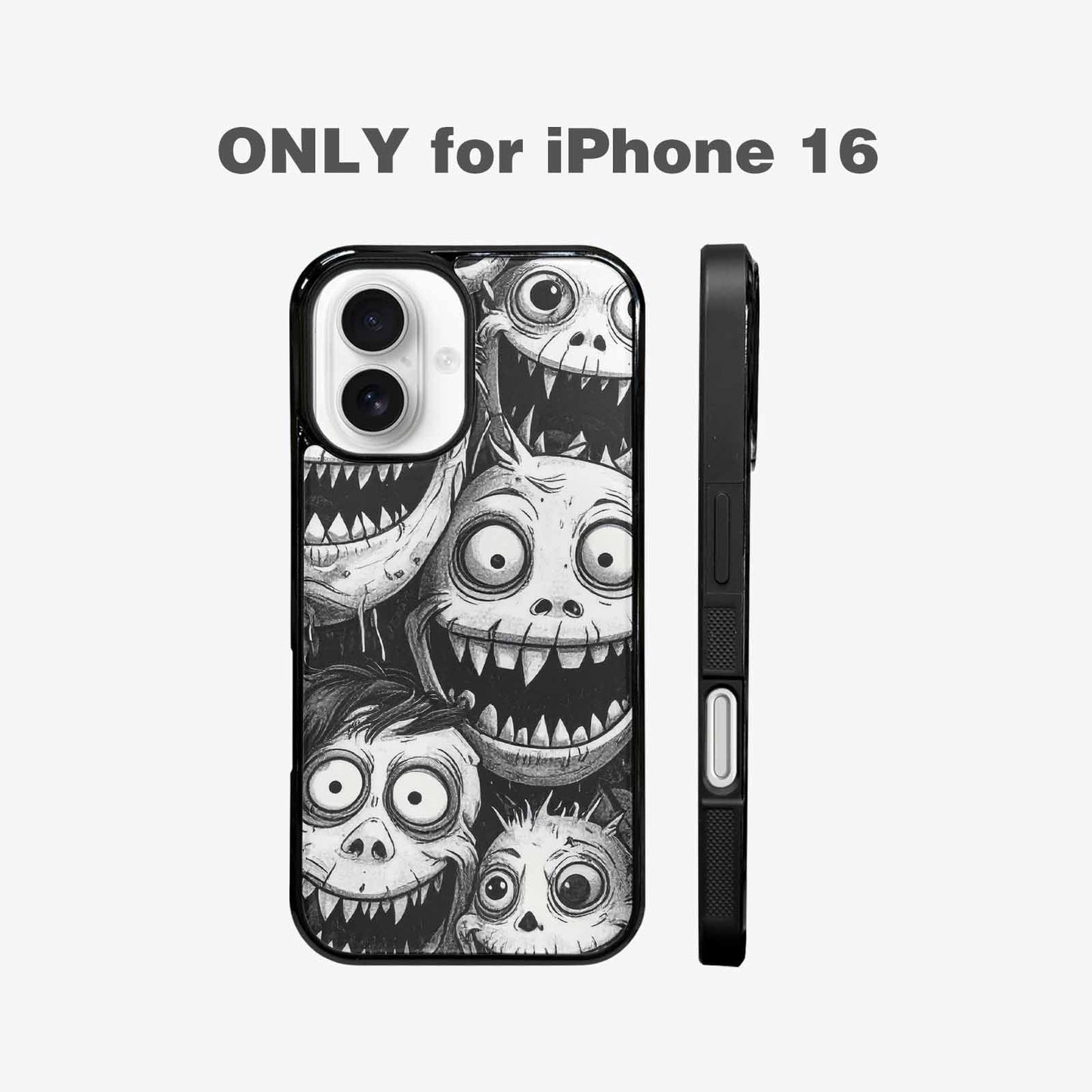 iPhone 16 Case — Black And White Monster Face Collage, Custom Phone Case