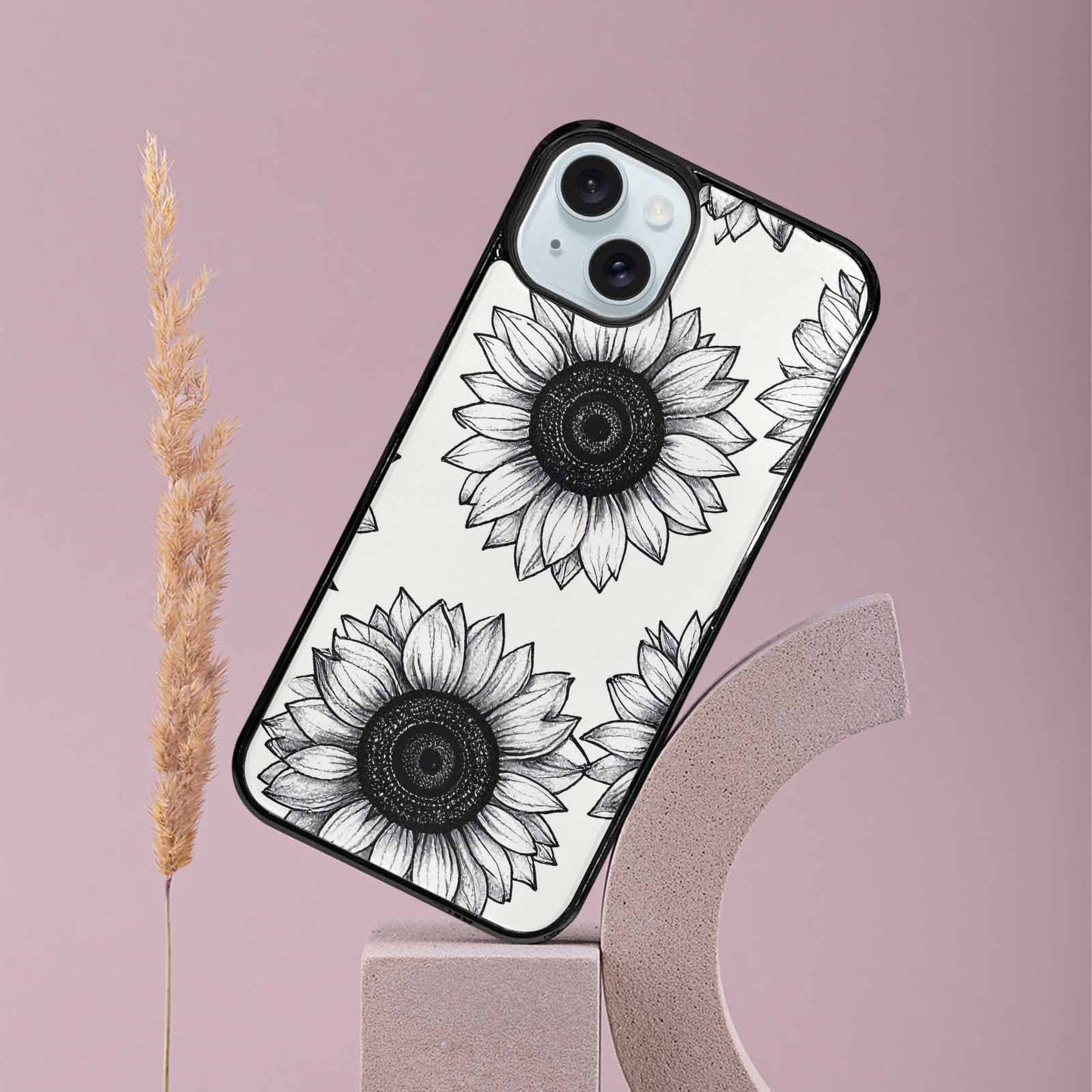 iPhone 15 Plus Case — Minimalist Black Line Art Sunflowers On, Custom Designed Case Cover