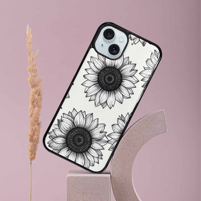 iPhone 15 Plus Case — Minimalist Black Line Art Sunflowers On, Custom Designed Case Cover