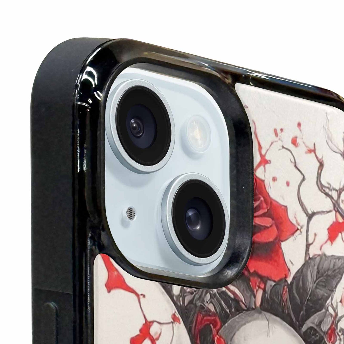 iPhone 15 Plus Case — Skull And Roses Black Red Ink, Unique Phone Case Design
