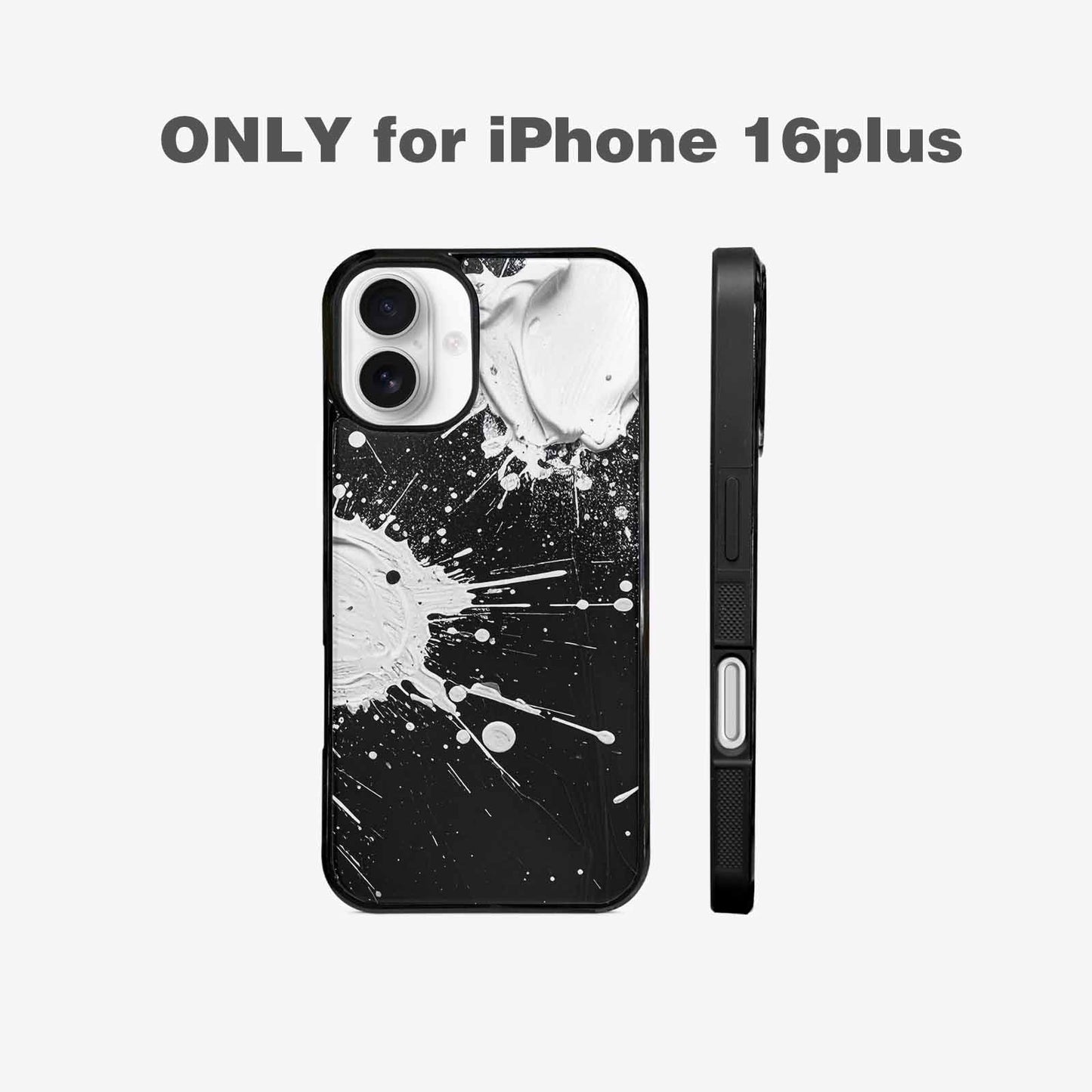 iPhone 16 Plus Case — White Ink Splatter Texture On Black, Original Design Phone Case