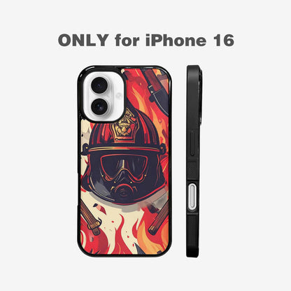 iPhone 16 Case — Firefighter Pattern Flames Axes Helmets Seamless, Unique Phone Case Design