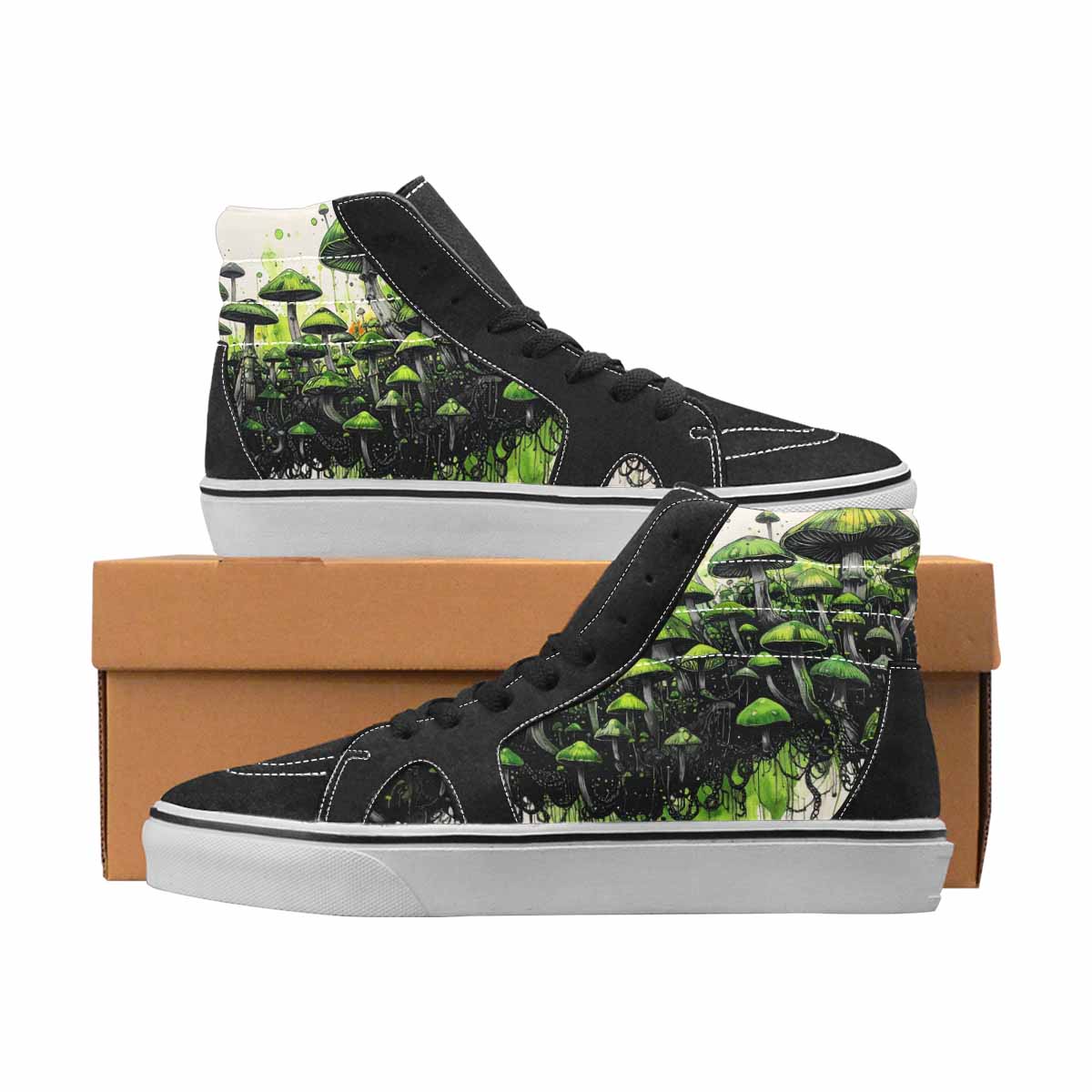 WOMEN'S Mushrooms Black & Green Ink High Top Canvas Graphic Print Aesthetic Shoes