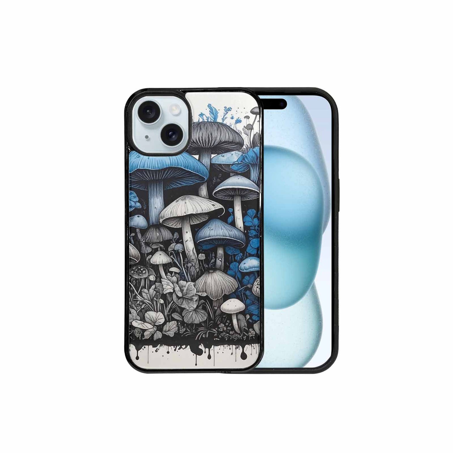 iPhone 15 Plus Case — Mushrooms General Black Blue Ink Mushrooms, Custom Art Phone Cover