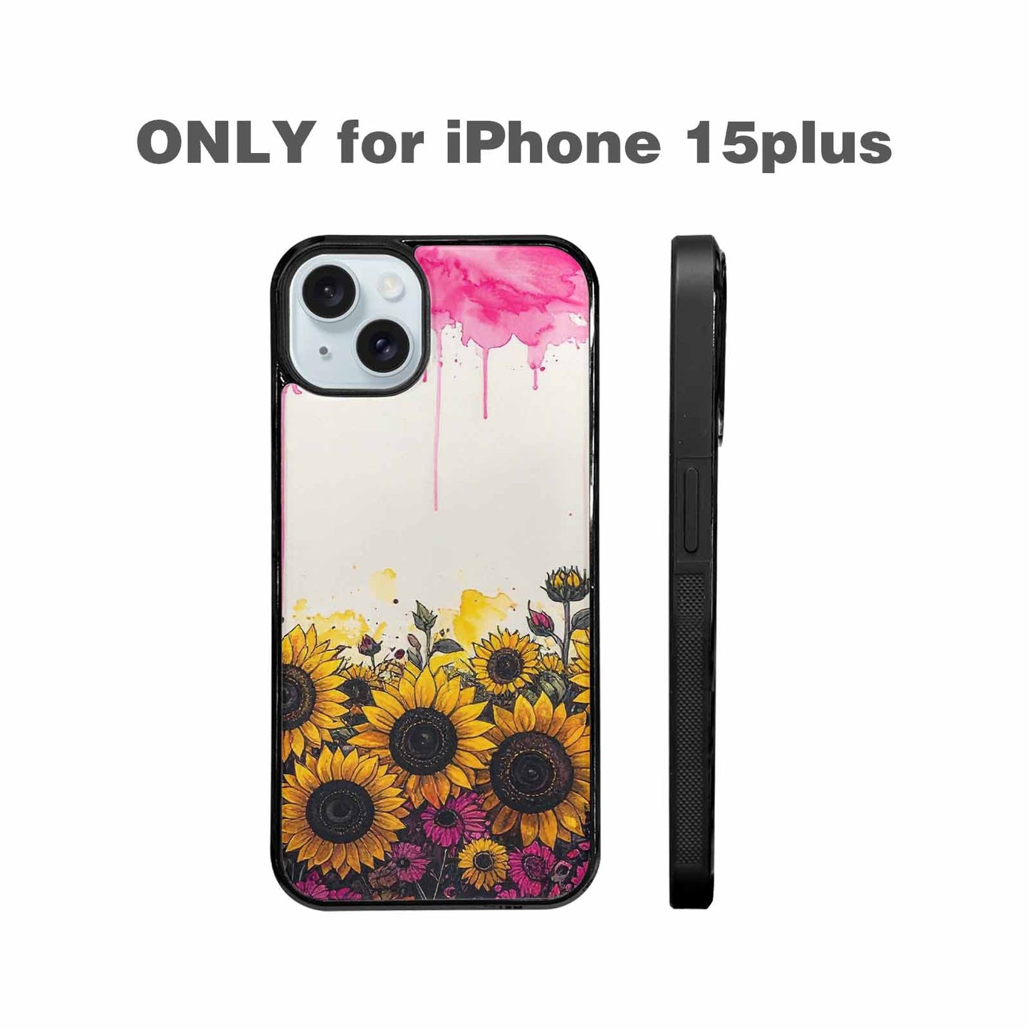 iPhone 15 Plus Case — Sunflower Burst Black Pink Ink Sunflowers, Custom Art Phone Cover