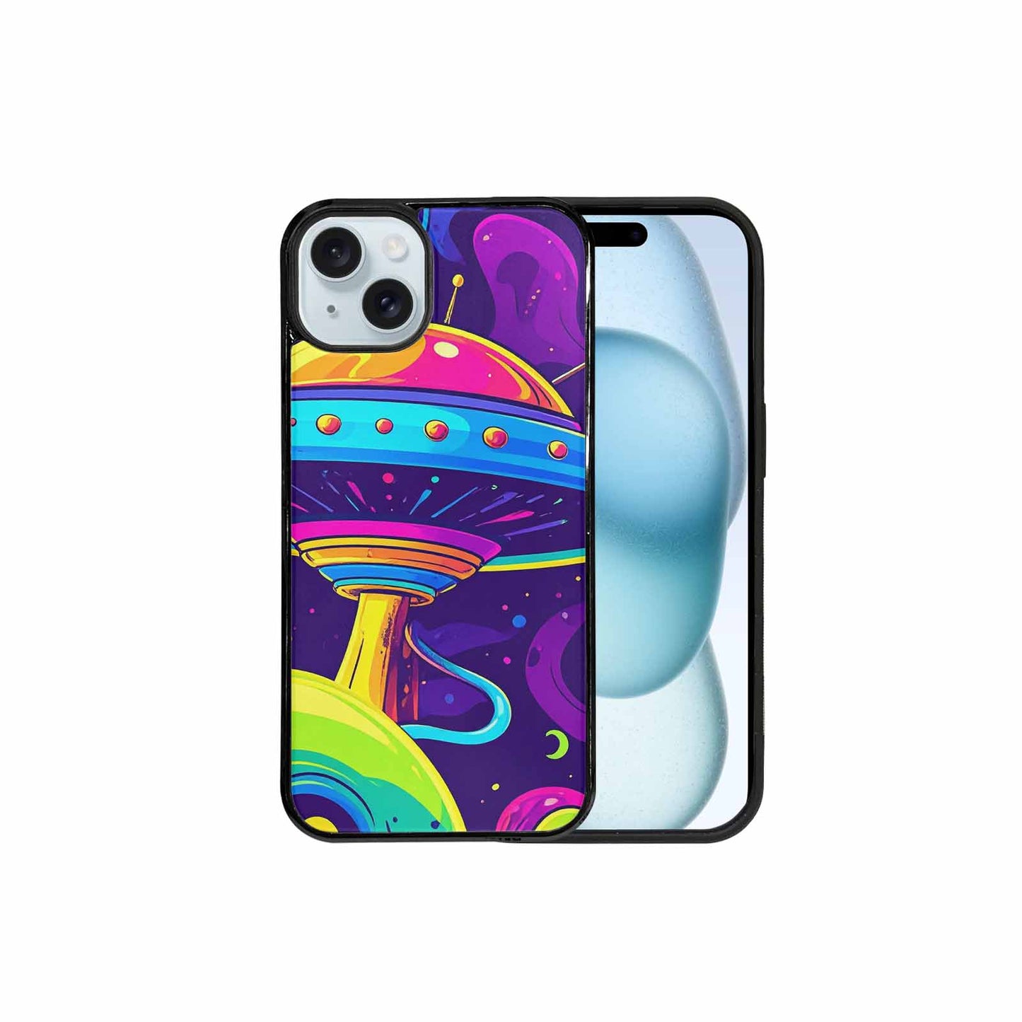 iPhone 15 Plus Case — Alien Ufo Cartoon Art Pattern Groovy, Personalized Phone Case
