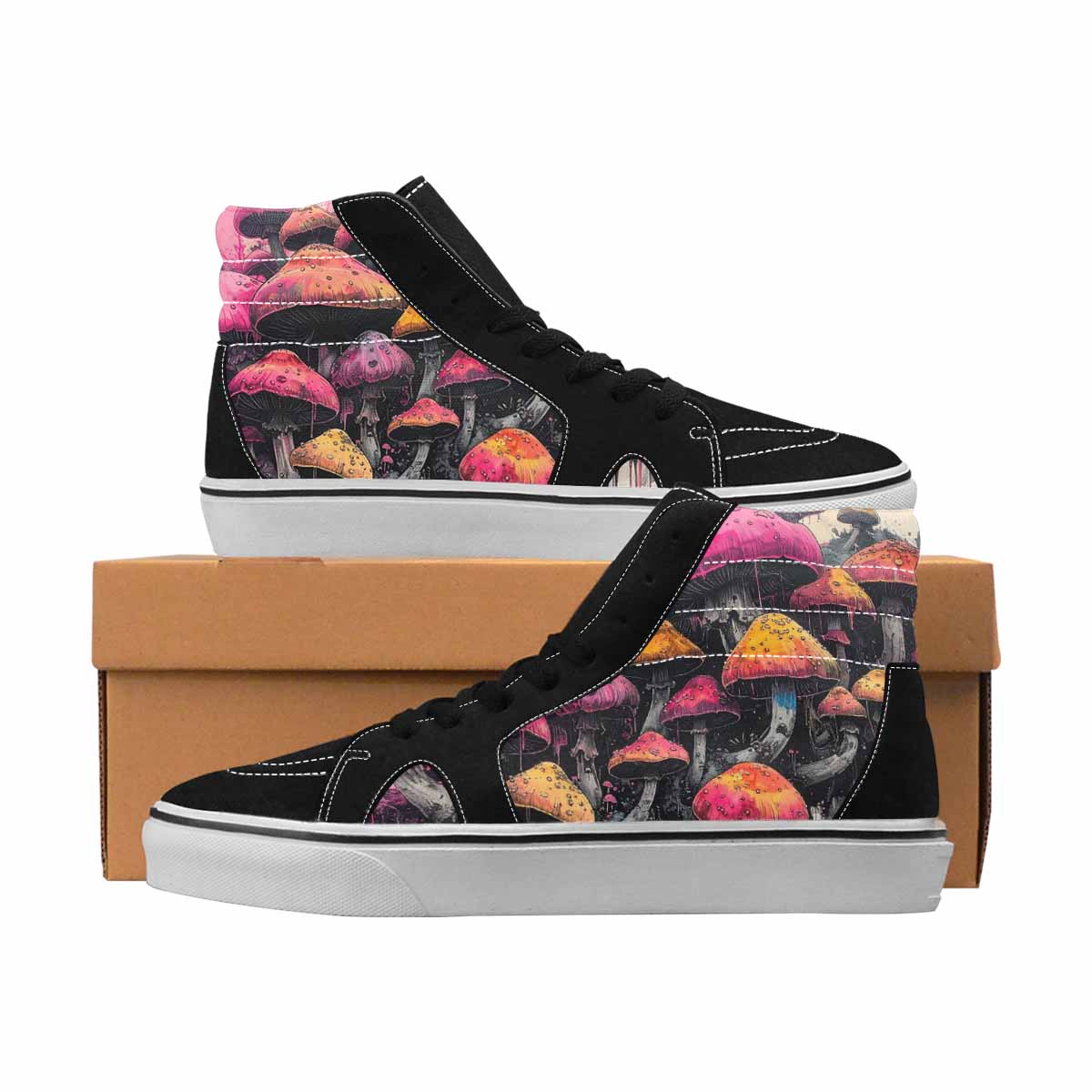 MEN'S Mushrooms Black & Pink Ink High Top Canvas Unique Print Melting Art Custom Sneakers