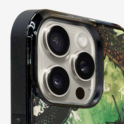 iPhone 15 Pro Max Case — Dragon Scale Black Green Ink Dragons, Unique Phone Case Design