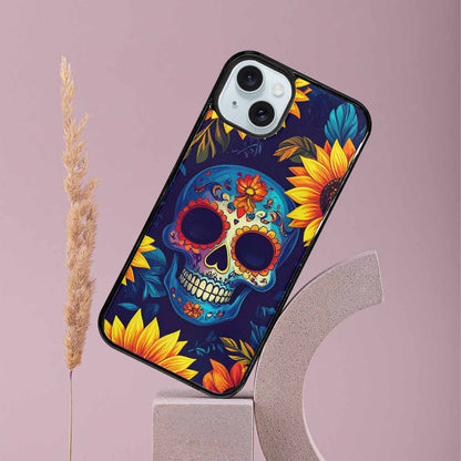 iPhone 15 Plus Case — Sunflower Skulls Print, Original Design Phone Case