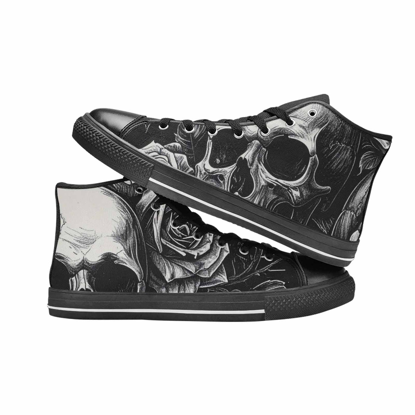 WOMEN'S Skulls Roses Black Ink High Top Canvas Grunge Custom Sneakers