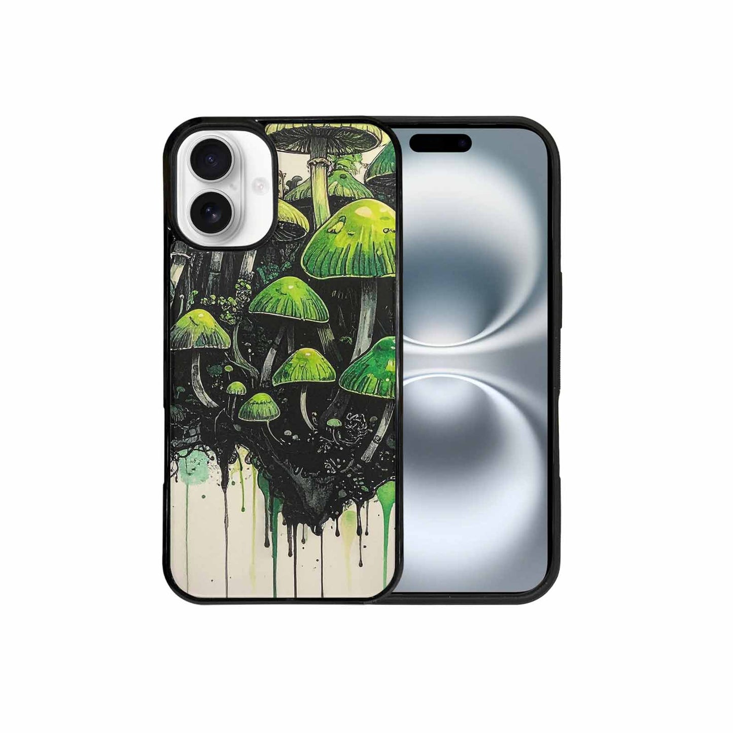 iPhone 16 Plus Case — Rainbow Drip Mushrooms Black Green Ink, Custom Print Case Cover