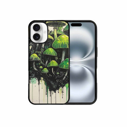 iPhone 16 Plus Case — Rainbow Drip Mushrooms Black Green Ink, Custom Print Case Cover