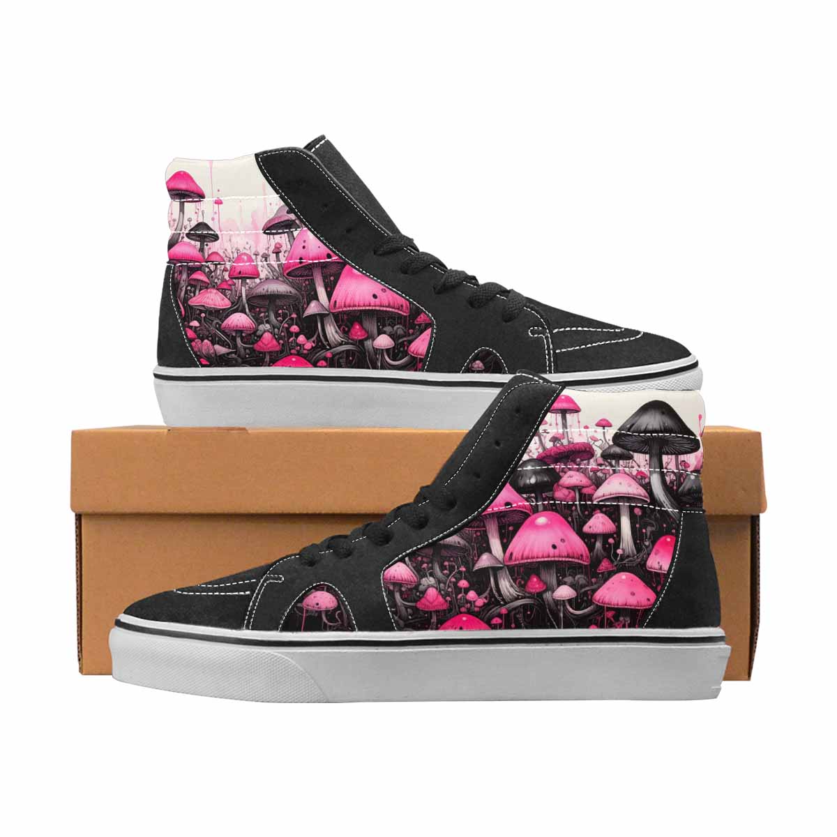 WOMEN'S Mushrooms Black & Pink Ink High Top Canvas Artist-designed Aesthetic Custom Shoes