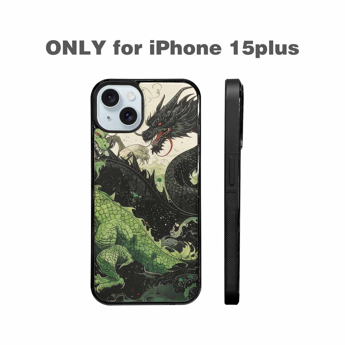 iPhone 15 Plus Case — Dragon Scale Black Green Ink Dragons, Custom Designed Case Cover