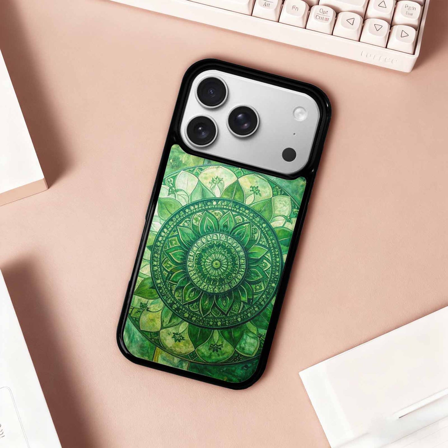 iPhone 17 Pro Case — Green Mandala Bohemian Print Edge Original, Personalized Phone Case