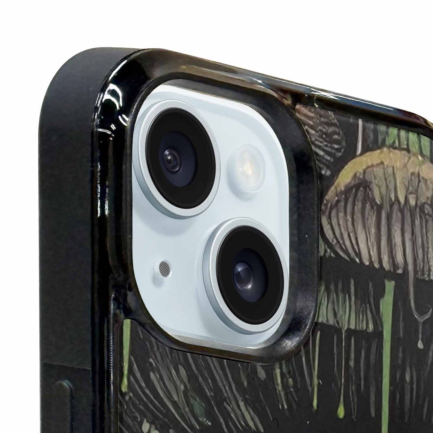 iPhone 15 Plus Case — Rainbow Drip Mushrooms Black Green Ink, Custom Printed Phone Case