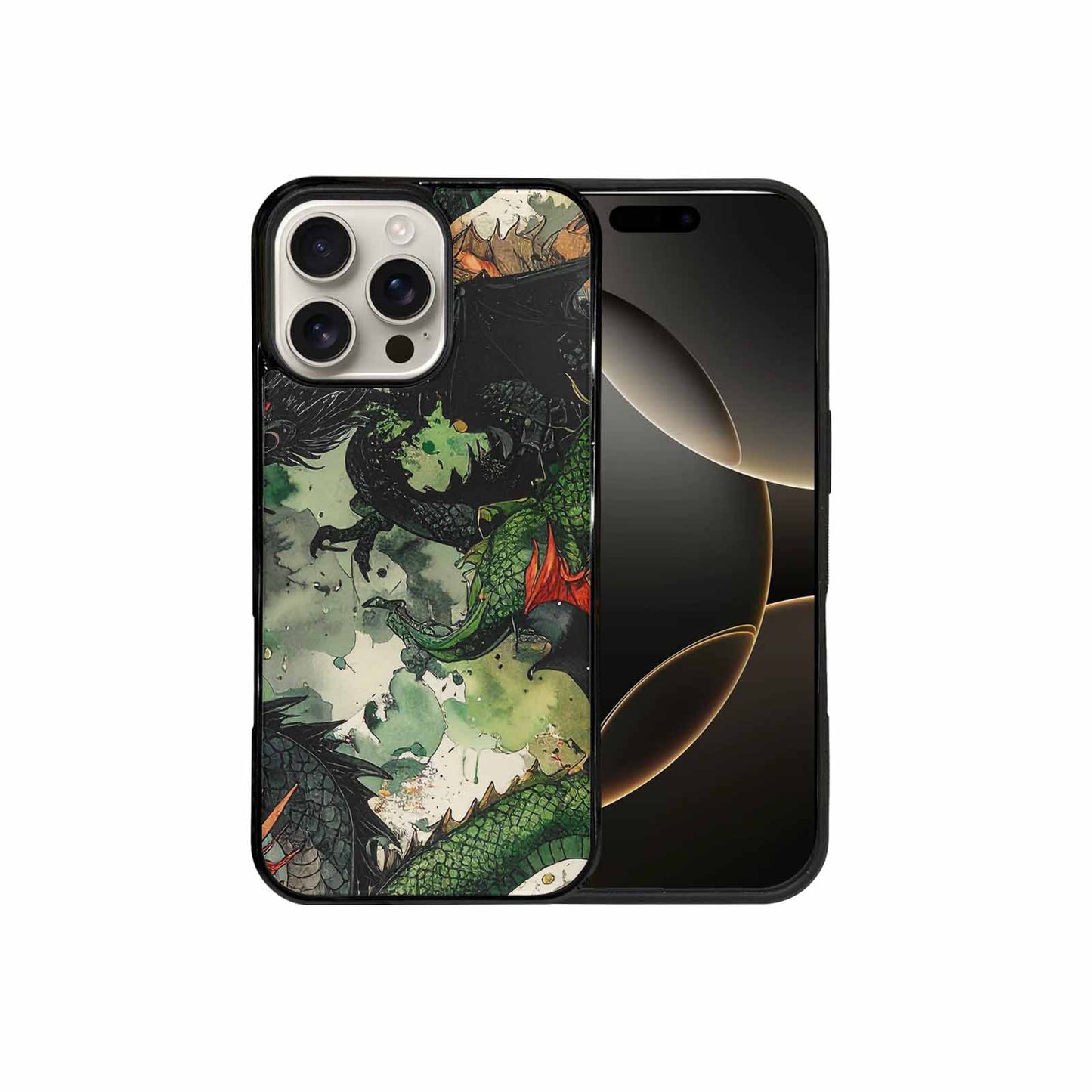 iPhone 16 Pro Max Case — Dragon Scale Black Green Ink Dragons, Unique Phone Case Design